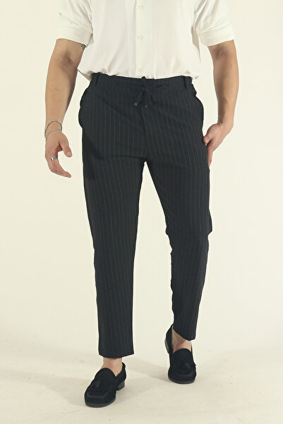 INFLUYENTE Men's Stretch Fabric Elastic Waist Lace-Up Striped Ankle-Length Side Pocket Jogger Pants