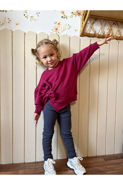 Sipsirin Girl's 3 Thread Bow Sweatshirt – Burgundy Color – Soft Fabric, for Casual and Stylish Outfits