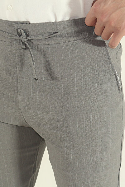 INFLUYENTE Men's Stretch Fabric Elastic Waist Lace-Up Striped Ankle-Length Side Pocket Jogger Pants