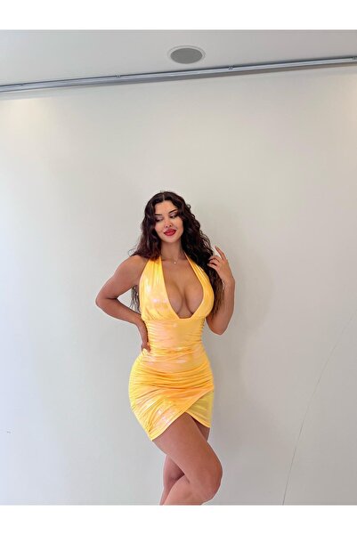 pink life Yellow Shiny Lame Fabric Thick Strap Mini Dress