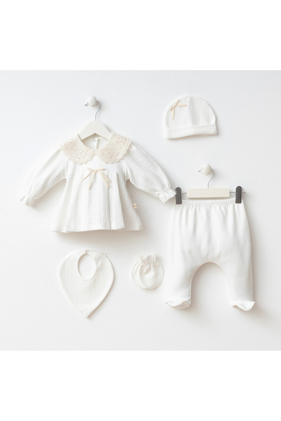PefyBaby Baby Girl 5-Piece Hospital Release Outfit, 100% Cotton, Lace Collar, Bow, Hat Newborn Set Natalia Ecru