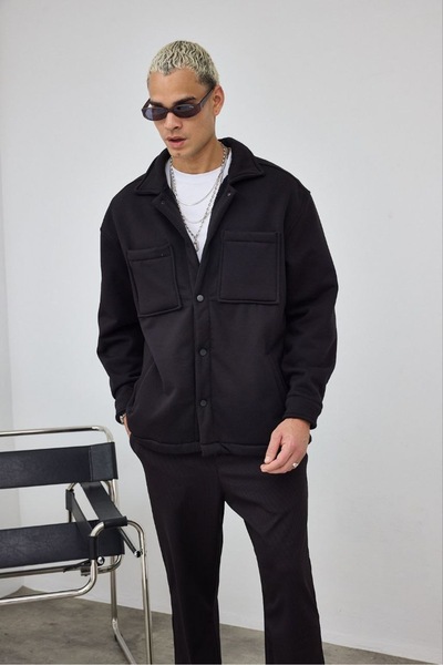 MADZEYMODA Премиум мъжка черна яке с подплата от флийс и копчета LS-89921
