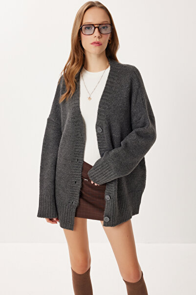 Lovelyİstanbul Oversized Plain Knitwear Cardigan Lnf0027 Anthracite