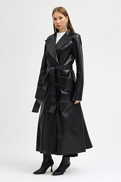 MEECY Women's Genuine Leather Premium Women's Long Length Overcoat Trench Coat