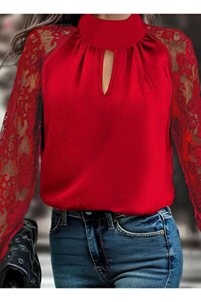 babatr.com Women's Long Sleeve Chest Window Detail Lapel Turtleneck Sleeves Tulle Sandy Blouse