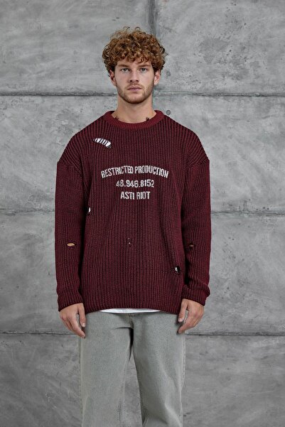 NOMARC Burgundy Nmrc Ripped Detailed Oversized Knitwear