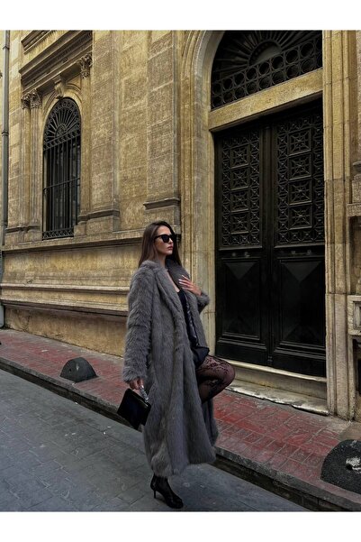 MODAGK Women's Belted Faux Faux Fur Coat Long-Grey