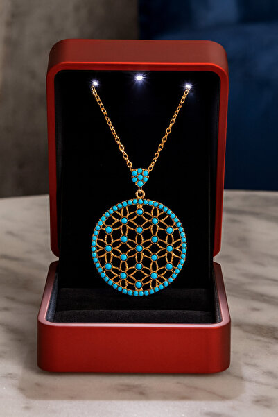 KAR DİAMOND 14 Ayar Altın Zincirli Firuze Taşlı Yaşam Çiçeği Kadın Kolye – Se...