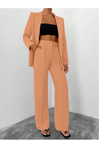 Papillon Tekstil Bej Tek Düğmeli Blazer Ceket Cepli Palazzo Pantolon Takım El...