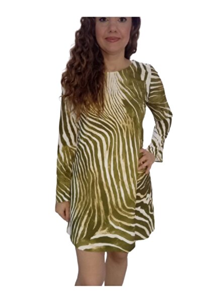 ZY BUTİK Khaki Zebra Patterned Spanish Long Sleeve Short Dress