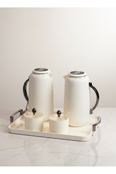 Generic 5-piece tea and coffee thermos set with serving tray, sugar bowl, and tea caddy