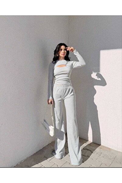 INFİVENTO Pencere Detay Bluz Bol Paça Paça Yırtmaçlı Pantalon Takım