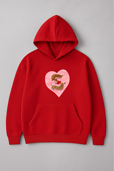 LORVEX سويت شيرت أبيض للجنسين مطبوع قصة فضفاضة على شكل كلب على شكل قلب وردي