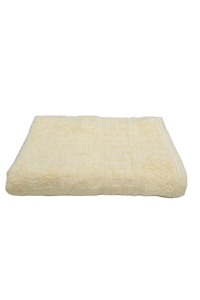 Kotonia Home Set of 3 Greek Border Jacquard Plush Luxury Bath Towels - 100% Cotton, 500g/sqm, ivory