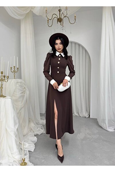 Berf Brown Sleeves Tulle Gold Button Detailed Slit Dress