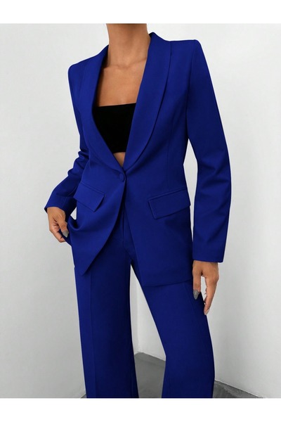 Papillon Tekstil Saks Mavisi Tek Düğmeli Blazer Ceket Cepli Palazzo Pantolon ...