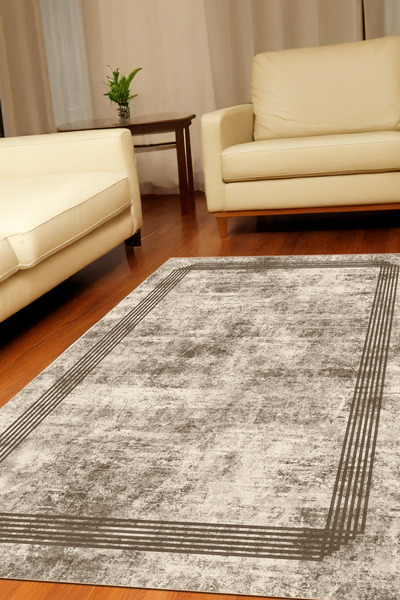 Halise Home Çizgili Çerçeveli Kahve Renk Eskitme Kaymaz Tabanlı Yıkanabilir B...