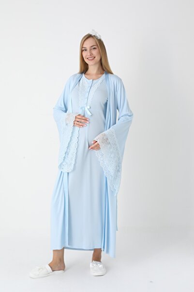 Genel Markalar Kadın Mavi Volan Kollu Özel Dantelli Tasarım Tam Boy Kışlık Lo...