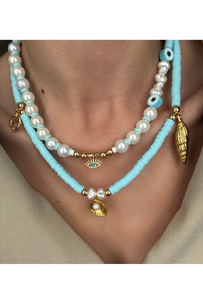 DeNors Pearl Eye Detailed Necklace |   Fimo Beaded Charm Necklace |   Double Necklace Set |   Women's Necklace Combination