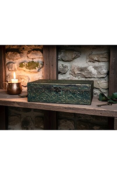 LARTEWOOD Altın Varak Desenli Eskitme Zeytin Yeşili Ahşap Dekoratif Hediye Ku...