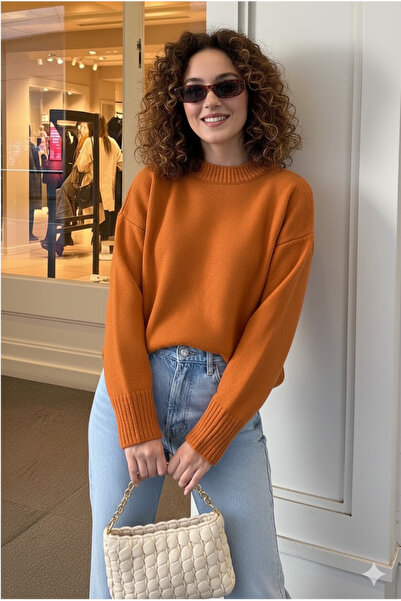 K-ODEA BUTİK Pulover de tricotat ORANGE supradimensionat pentru femei - Textura moale guler rotund