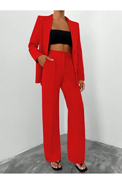 Papillon Tekstil Tek Düğmeli Blazer Ceket Cepli Palazzo Pantolon Takım Elbise