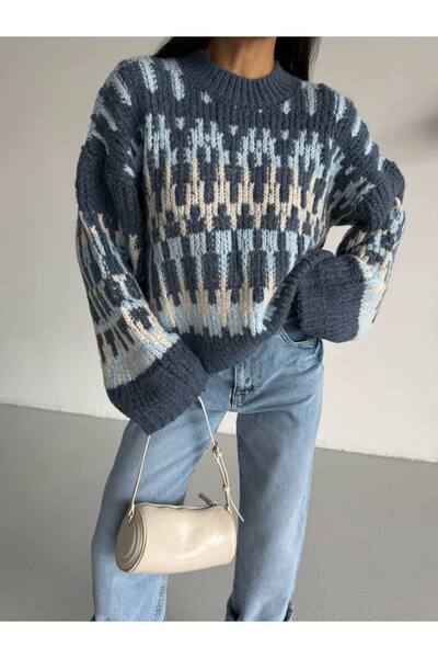 D'RECCY Women's Hair Braid Block Patterned Oversize Sweater