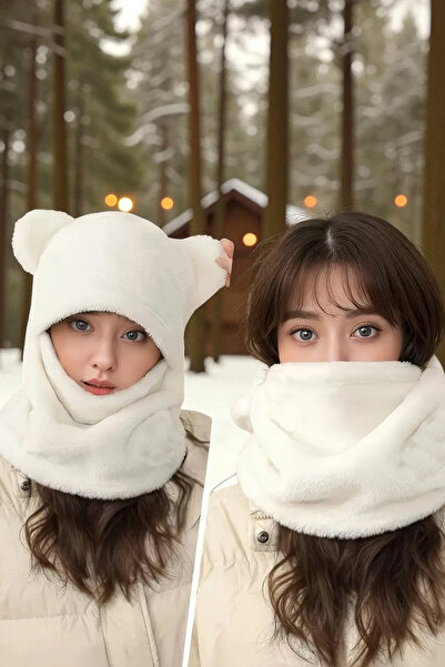 Leiste Cappello Children's Plush Beret with Ears Welsoft Scarf Neck Collar All-In-One Windproof Hat with Ears