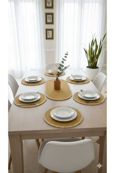 odiyo 6 Pieces Placemat+Runner Set American Service Jute Gold Runner Placemat Set
