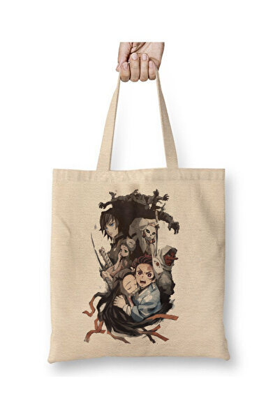 Toyaso Demon Slayer Demon Slayer Anime Geantă de pânză albă Geantă de cumpărături cu mâner lung Geantă de plajă