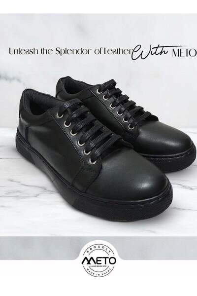 Meto Black Genuine Leather Lace-up Casual Sneakers