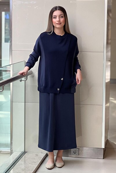 Mahal Tığ Triko Triko Mixli Düğmeli Etekli Takım