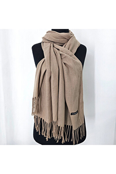 velve Esarfa tip sal Belladona, din material subtire, cu franjuri si emblema, Bej, 180x65 cm