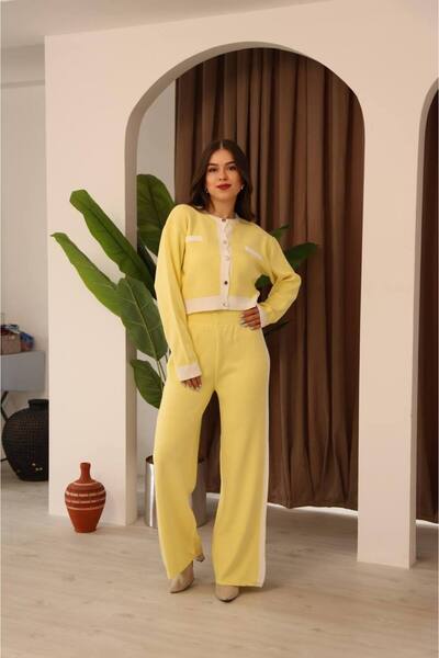 Nivora Style Paneled Stripe Detail Long Sleeve Crop-Pants Knitwear Cotton Women's Bottom-Top Set