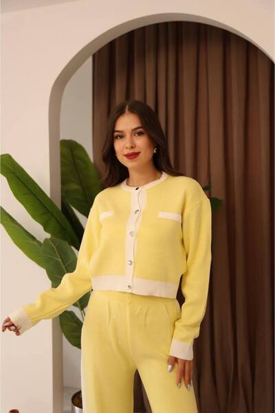 Nivora Style Paneled Stripe Detail Long Sleeve Crop-Pants Knitwear Cotton Women's Bottom-Top Set