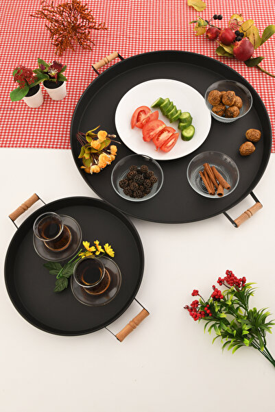 AKSESUAR EVRENİ London 2-Piece (51, 31 cm) Black Presentation Metal Serving Tray Set Breakfast Wooden Cup Treat Holder