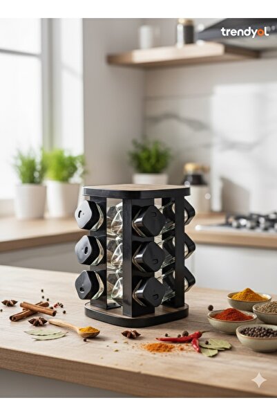 AENLINE HOME 12’li Döner Baharatlık Seti – Cam Kavanozlu, Ahşap Desenli Kapak...