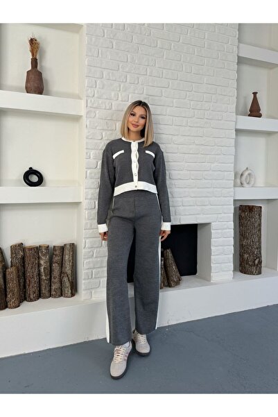 Nivora Style Paneled Stripe Detail Long Sleeve Crop-Pants Knitwear Cotton Women's Bottom-Top Set