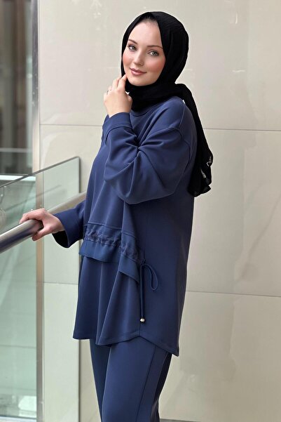 Ghisa Tunik Önü Verev Büzgülü Düğme Detaylı Panolonlu Takım