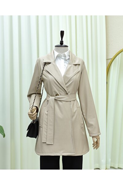 MissRunin Tek Düğmeli Cepli Belden Bağlamalı Deri Trençkot