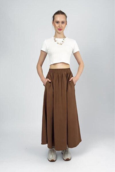 Betimoda Women's Elastic Waist Midi Skirt with Pockets Camel