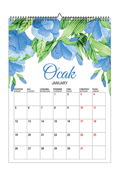 GenelTedarik 2026 SULUBOYA ÇİÇEKLİ AYLIK DUVAR PLANLAMA TAKVİM-12 SAYFA-ASETAT KAPAKLI