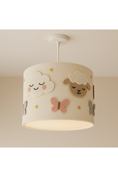 SefDen Lazer Kesim Atölyesi Kız Bebek Odası Keçe Bulut ve Kuzu Figürlü Silindir Avize | El Yapımı Çocuk Odası Dekor