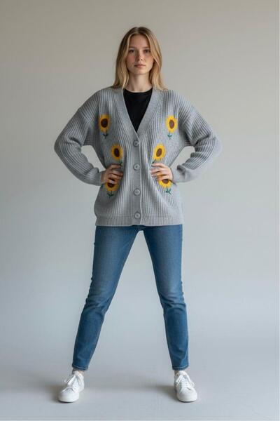EREN STYLE Fleece-Lined Cotton Flower Motif Cardigan