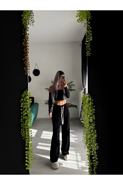 by SLA boutique Pantaloni wide leg din velur subțire cu talie elastică și șnur