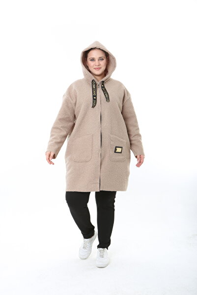 XL Modam Black Pompon Kaşe K Hooded Large Size Coat