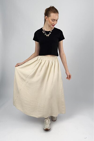 Betimoda Women's Elastic Waist Modal Midi Skirt with Pockets Beige