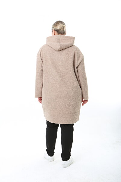 XL Modam Black Pompon Kaşe K Hooded Large Size Coat