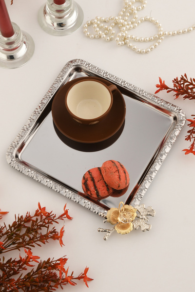 AKSESUAR EVRENİ Volis Stainless Steel Patterned Butterfly Crystal Stone Detailed Coffee Serving Presentation Tray Silver