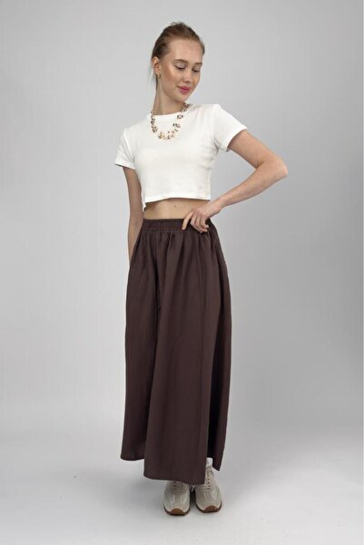 Betimoda Women's Elastic Waist Midi Skirt with Pockets Brown